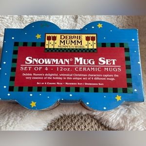 DEBBIE MUMM Vintage Set‎ of 4 Ceramic 12oz Coffee Mugs Snowman Motif